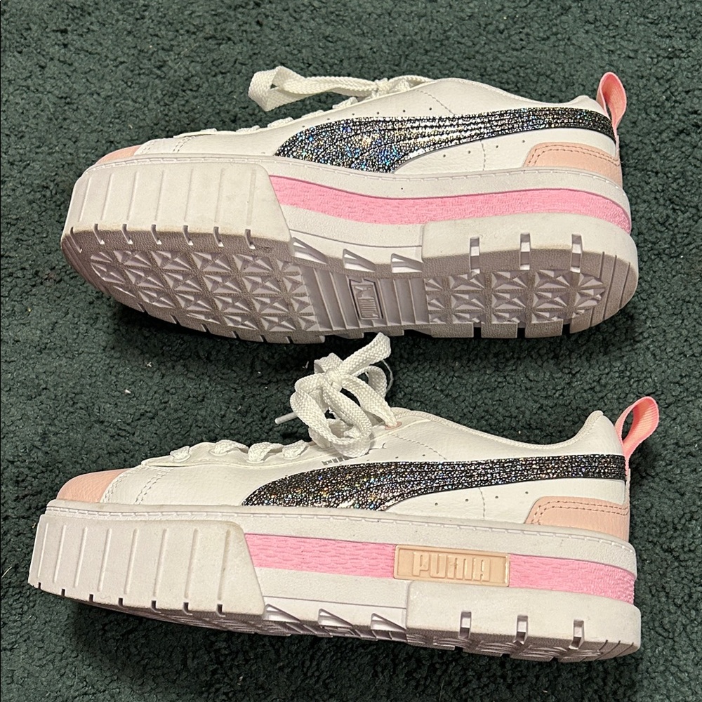 Puma Kids White and Pink Platform Sneakers with Black Glitter - Picture 3 of 5